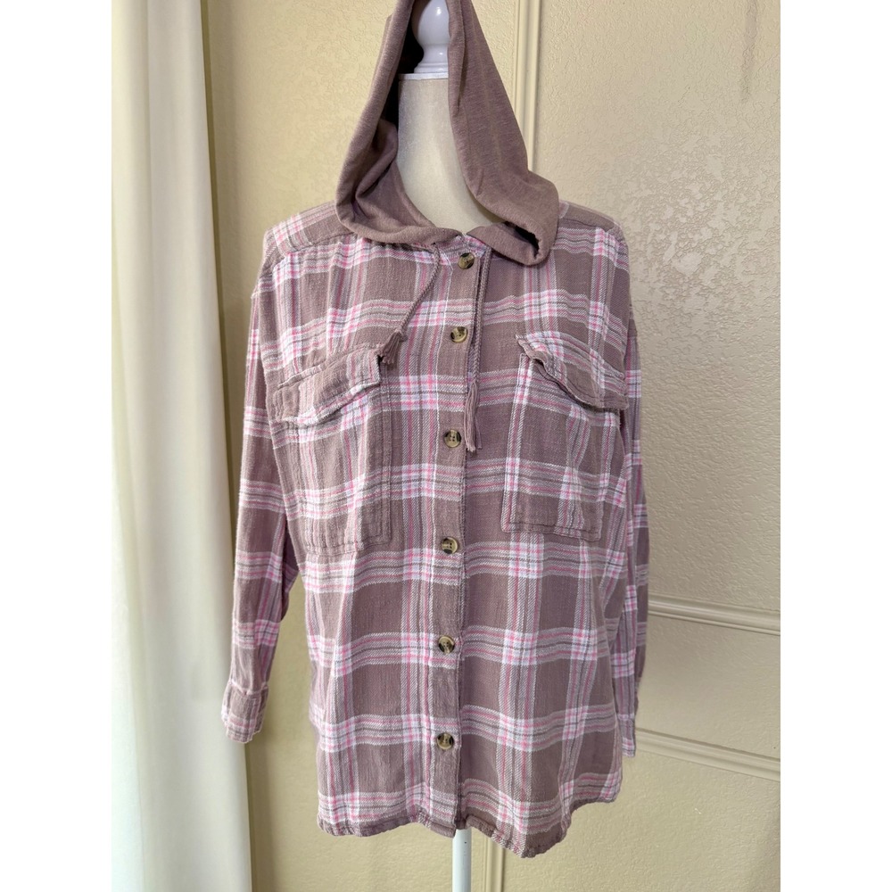 SO Mauve Pink Plaid Hooded Flannel Shirt Button Down Long Sleeve Large